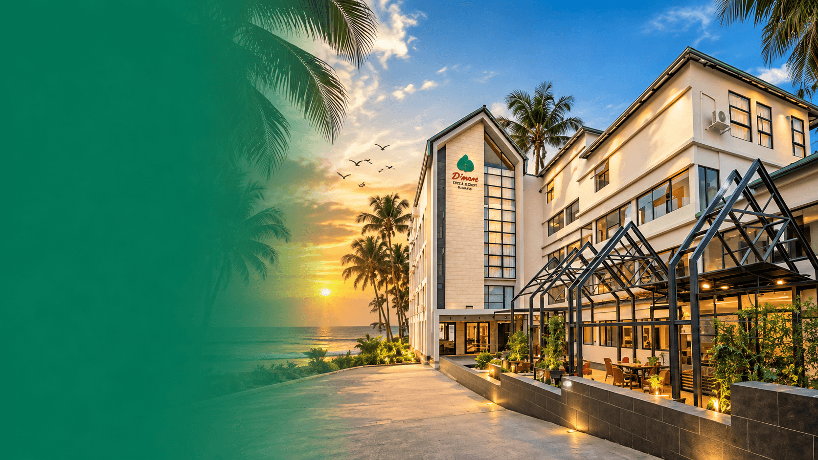 D'more beachfront resort at sunset with palm trees and the sea