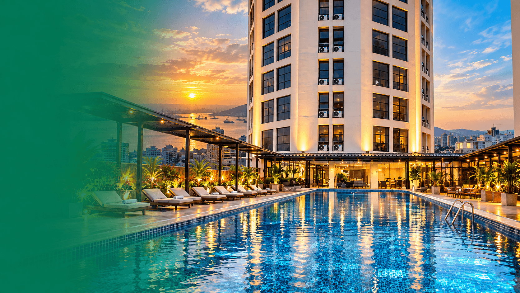 Rooftop swimming pool beside a D'more hotel tower overlooking the harbour at sunset
