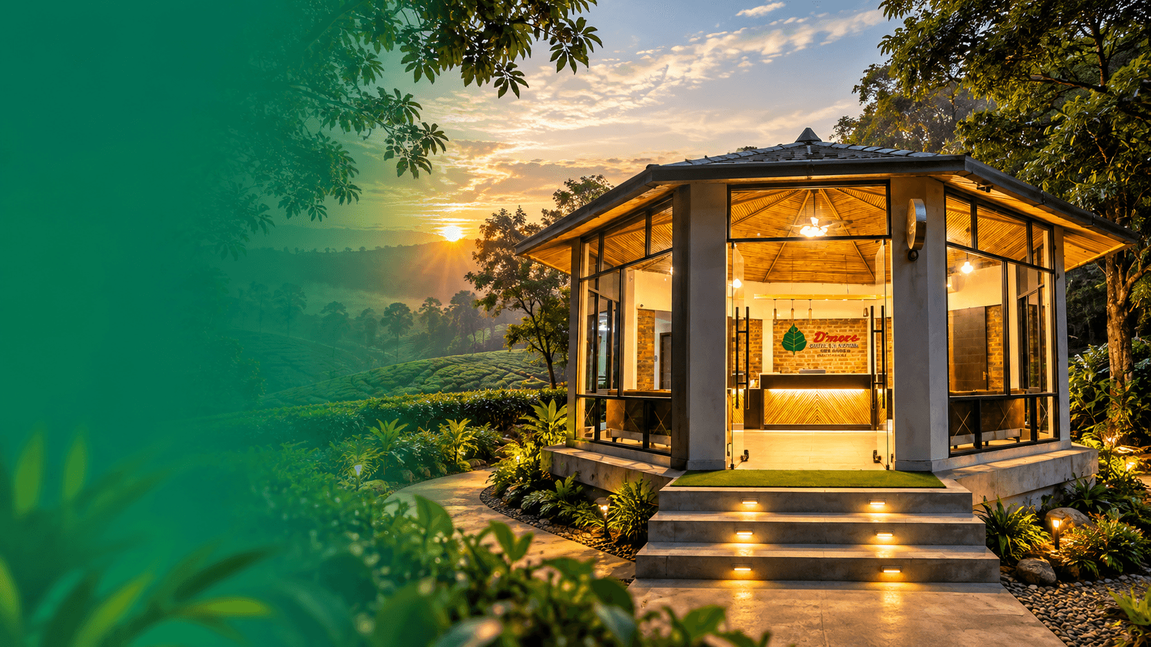 D'more forest retreat reception pavilion at sunrise above green tea hills